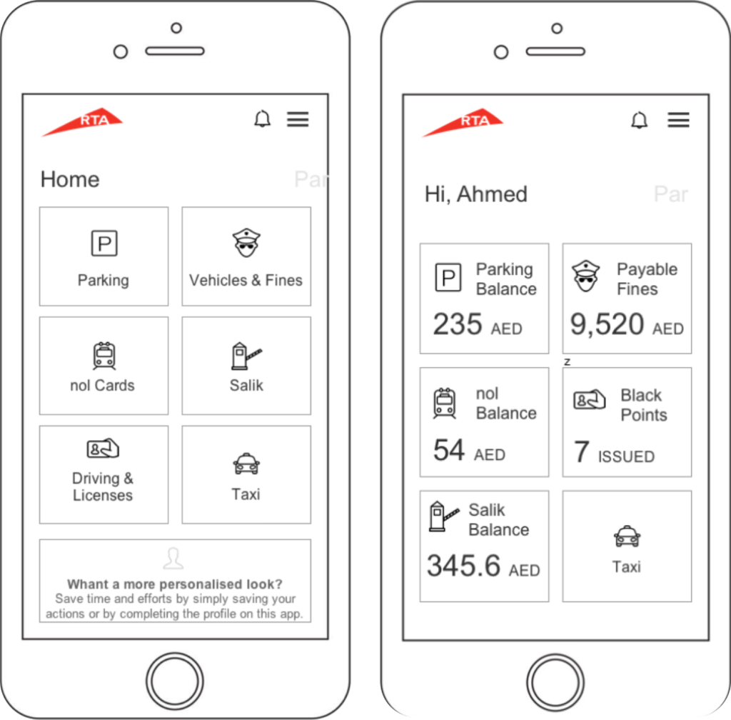 RTA dubai wireframes